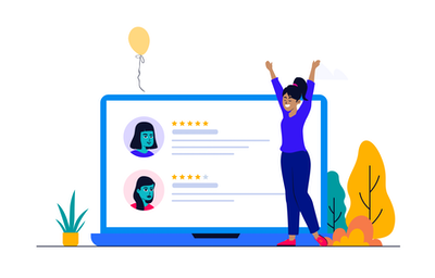 Illustration of a girl celebrating with laptop