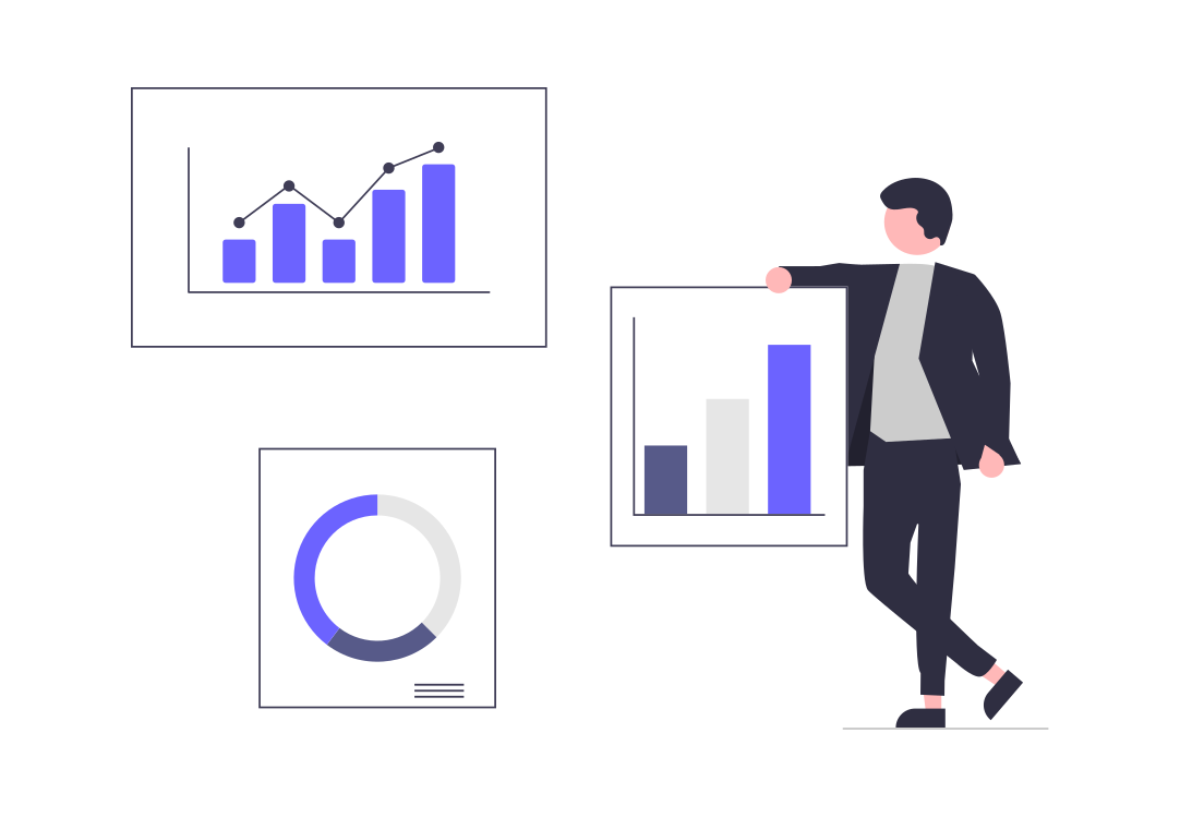 Illustration of a person standing around and showing graphs and pie charts indicating Data Driven marketing automation.