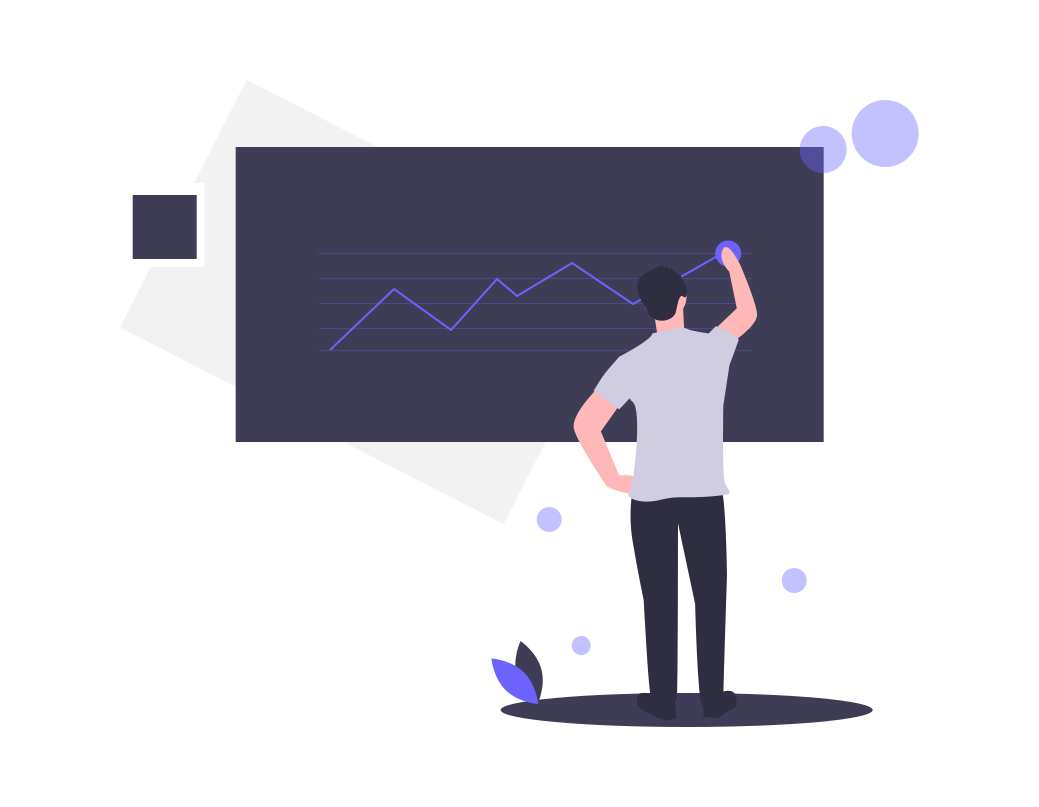 Illustration of a person standing and drawing graph on a board showing Predictive analytics in marketing automation.