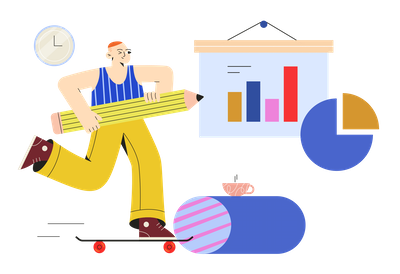 Illustration of a person drawing graph on a board with a big pencil showing organic results.